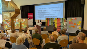 Menschen sitzen vor Metaplanwänden, an denen auf bunten Kärtchen die Arbeitsergebnisse der Gruppen zu sehen sind.