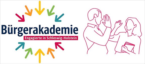 Das Logo der Bürgerakademie mit bunten Pfeilen, die auf das Wort Bürgerakademie zeigen und zwei skizzierten Menschen, die rechts daneben stehen und sich abklatschen