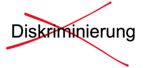 Zu sehen ist das Wort Diskriminierung. Es ist mit zwei roten Strichen durchgestrichen.
