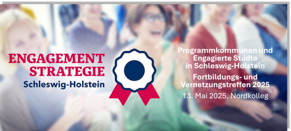 Das Bild zeigt das Startchart einer Powerpointpräsentation.Im Hintergrund sind Personen zu sehen, die in einer Veranstaltung sitzen und lachen, im Vordergrund ist das Logo der Engagementstrategie und deren Schriftzug dargestellt, recht daneben der Titel der Veranstaltung mit Datum und Ort.