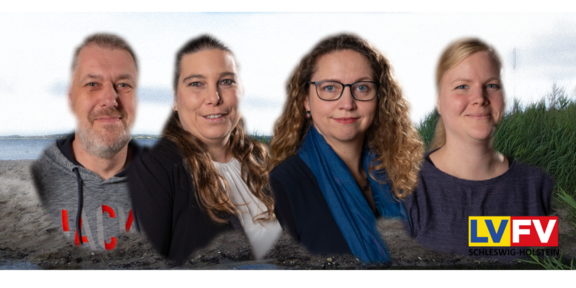 Das Foto zeigt drei Frauen und einen Mann die sich in dem Förderverein engagieren sowie in der rechten Bildecke das Logo.