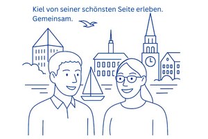 zwei Studenten vor der Silhouette von Kiel