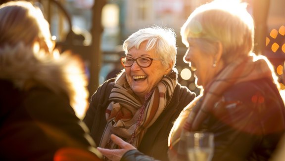 Zwei Seniorinnen und eine weitere Person stehen in der Abendsonne und unterhalten sich gutgelaunt.