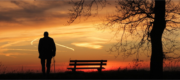 Eine Person steht einsam neben einer leeren Bank unter einem kahlen Baum und schaut in den Abendhimmel.
